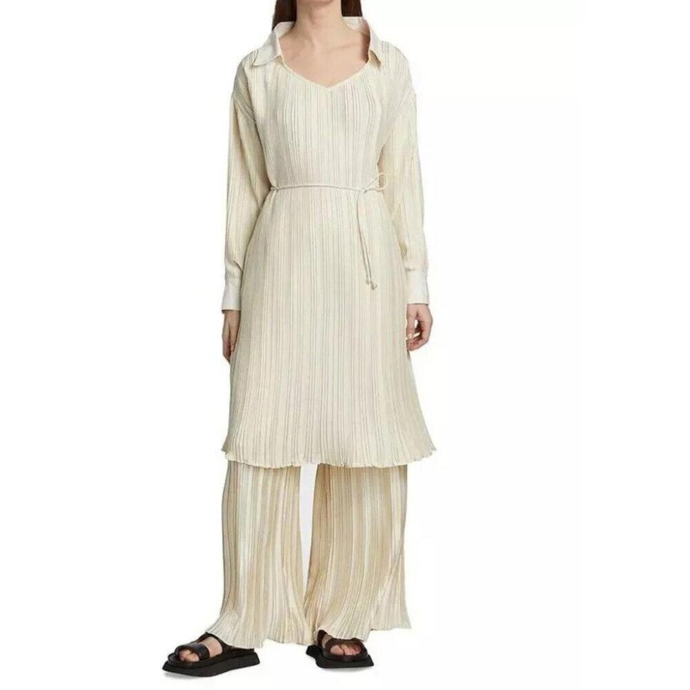 Deveaux New York Shannon Collared Plisse Pleated Dress Fluid Solid M NEW